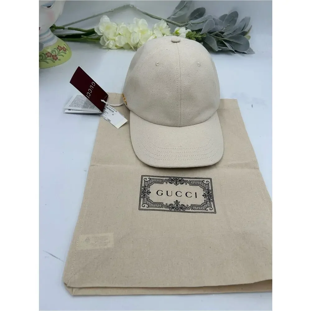 Unisex, Gucci, gold logo Cream Canvas Baseball Cap size XL made in Italy
